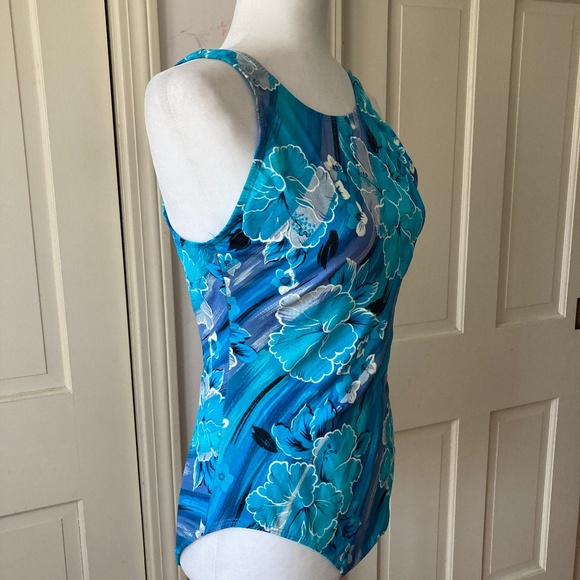 Blue Floral One Piece Bathing Suit w Keyhole Back - Picture 2 of 12